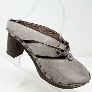 VIA VAI Gray Leather Studded Heeled Clog Sandals with Harness Ring Size 41